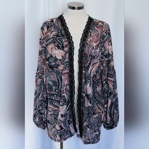 Maurices XL Black Burgundy Lace Trim Open Cardigan Cover Up NWT